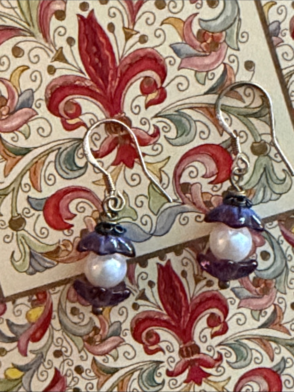 Fresh water pearls German glass purple aurora borealis coated glass flowers